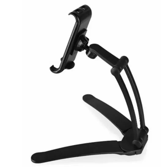 Silver aluminium alloy desktop tablet stand holding a tablet, showing its 360-degree rotation and adjustable chuck mechanism.