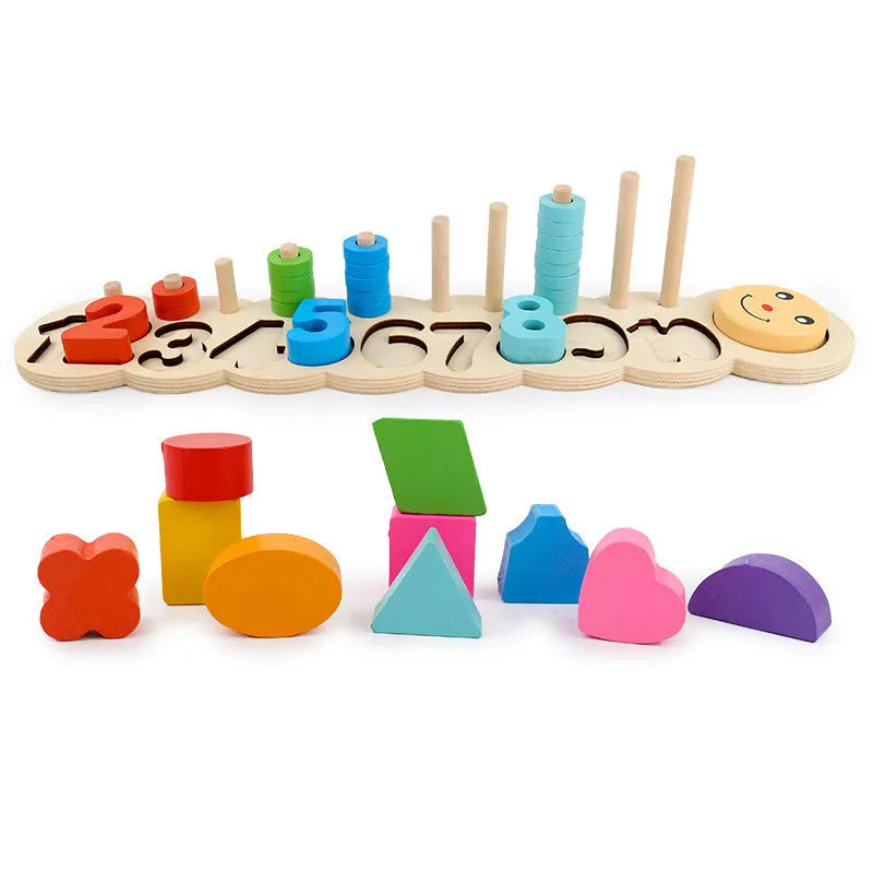 Wooden logarithmic board with colourful numbers, geometric shapes and counting beads for toddlers
