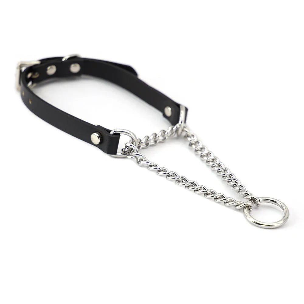 Black cowhide leather collar and matching leash bondage set