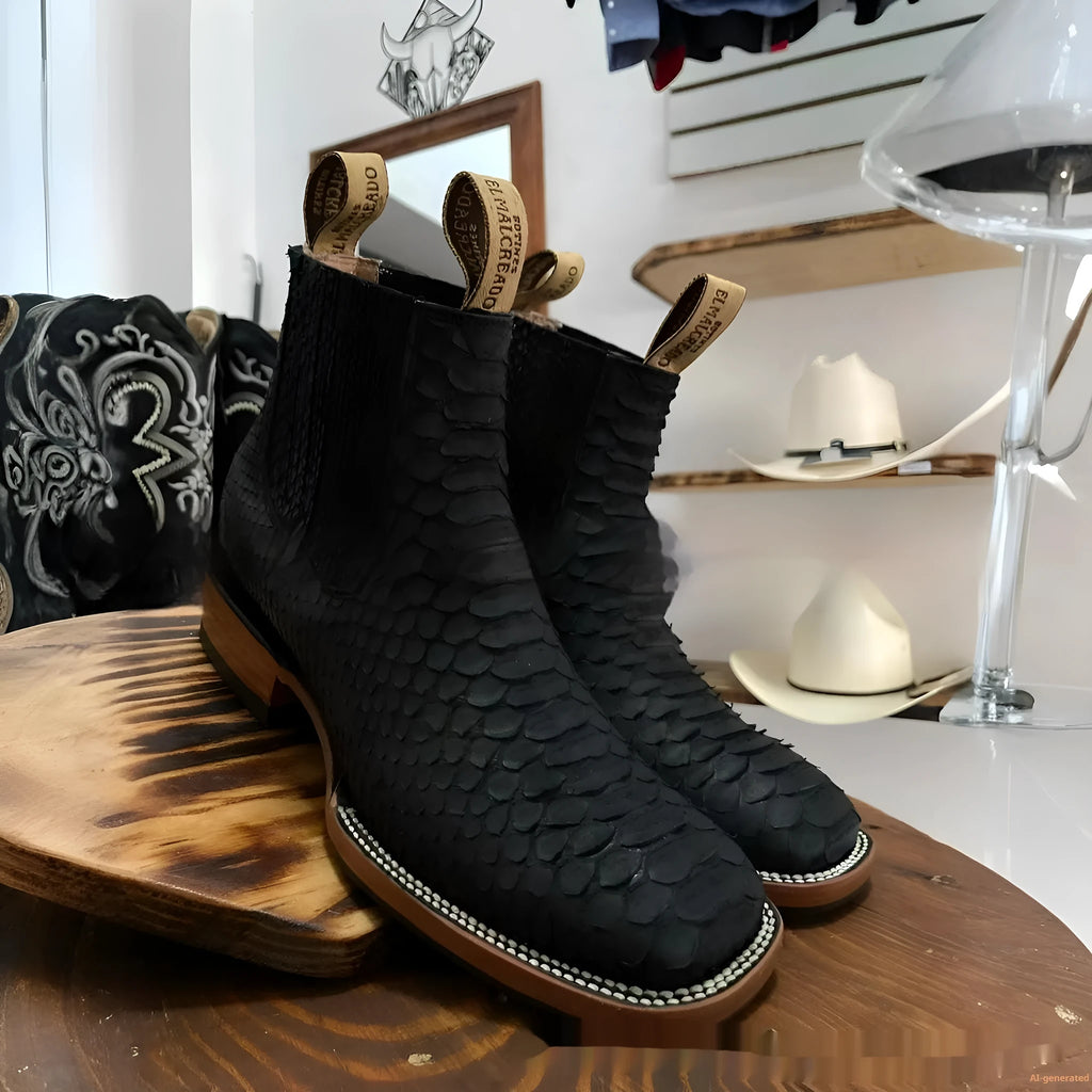 Men's retro ankle boots with striped pattern in black, square toe design, artificial PU upper.
