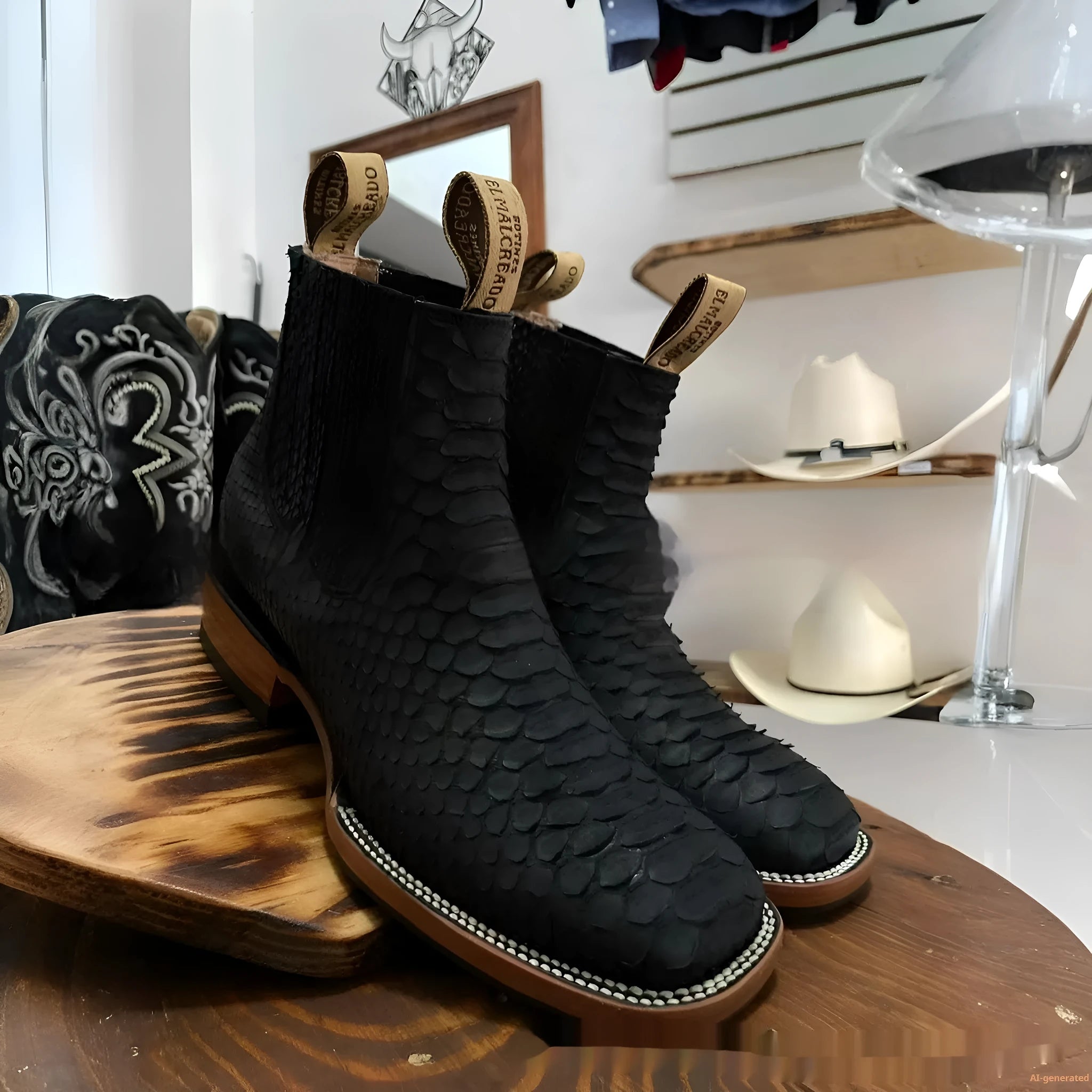 Men's retro ankle boots with striped pattern in black, square toe design, artificial PU upper.