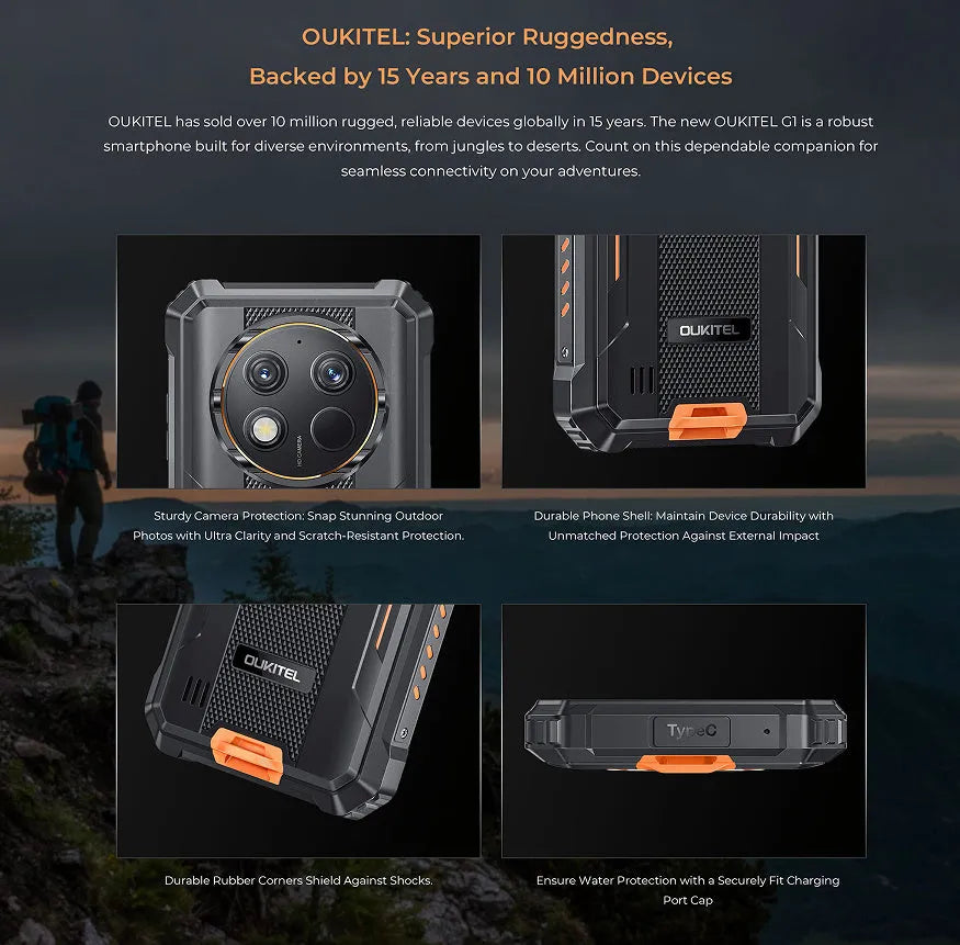OUKITEL G1 mobile phone in grey, green, or orange colour options