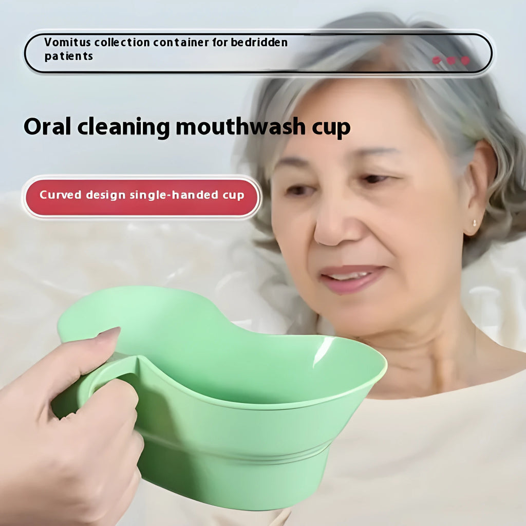 Green plastic nursing care gargle cup for bedridden patient oral hygiene.