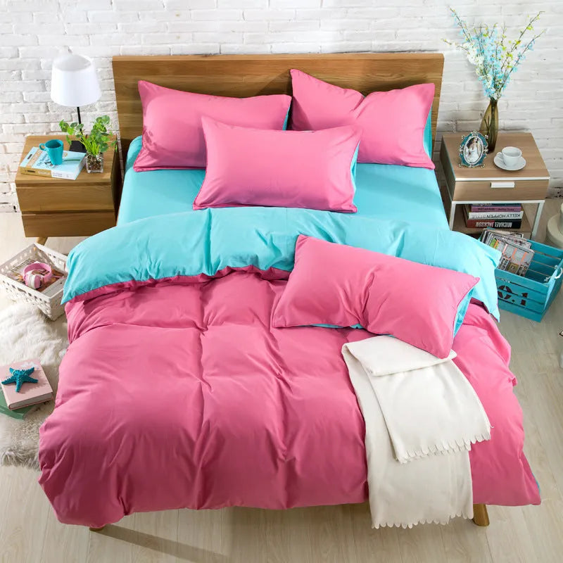 Brushed plain bedding set in brick red colour with duvet cover, sheet and pillowcase on a bed