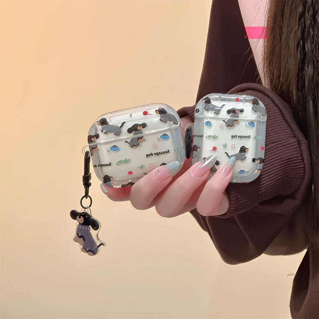 Cartoon silicone protective case for Apple AirPods with sausage dog sweater pendant in embossed design