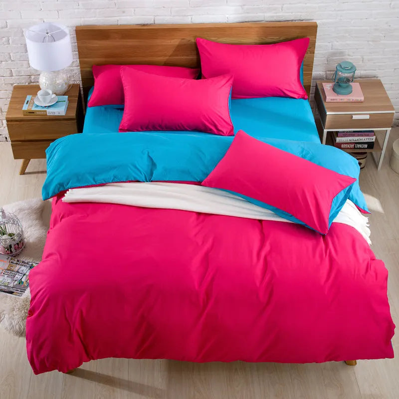 Brushed plain bedding set in brick red colour with duvet cover, sheet and pillowcase on a bed