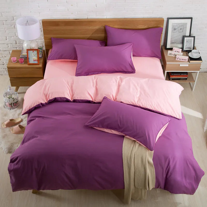 Brushed plain bedding set in brick red colour with duvet cover, sheet and pillowcase on a bed