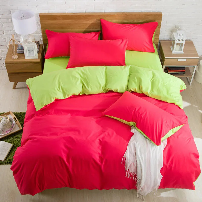 Brushed plain bedding set in brick red colour with duvet cover, sheet and pillowcase on a bed