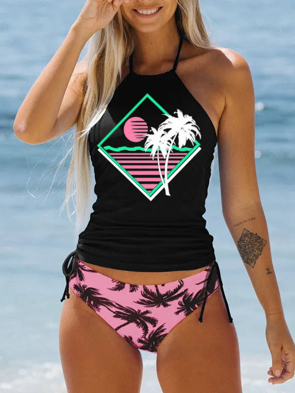 Conservative ladies swimsuit with colourful split design and briefs style for swimming