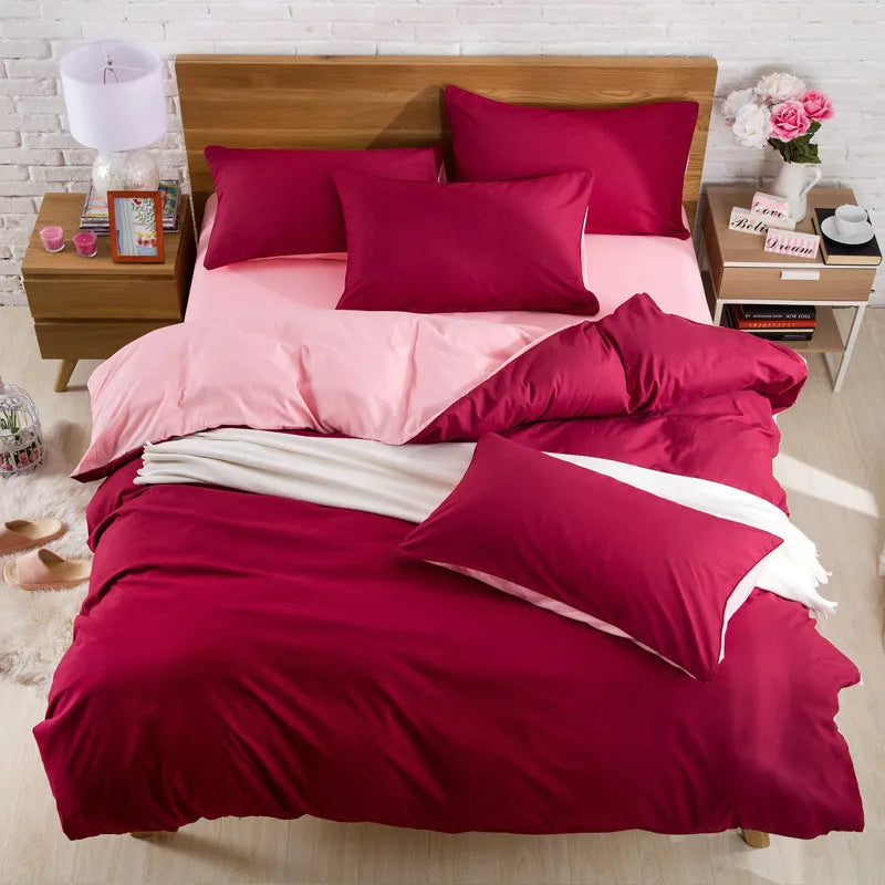 Brushed plain bedding set in brick red colour with duvet cover, sheet and pillowcase on a bed