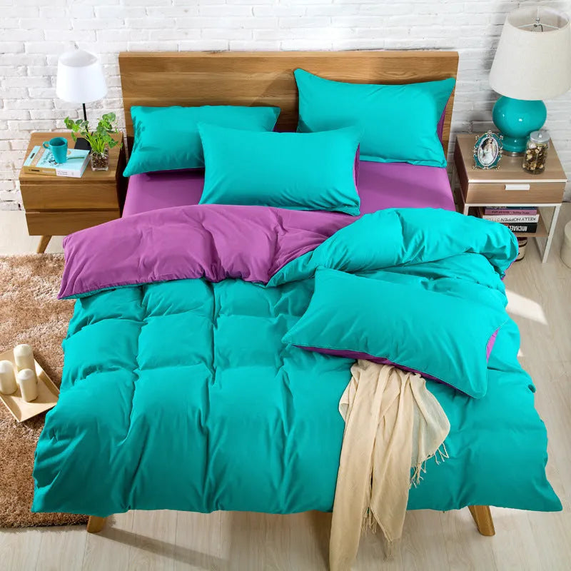 Brushed plain bedding set in brick red colour with duvet cover, sheet and pillowcase on a bed