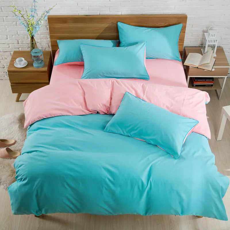 Brushed plain bedding set in brick red colour with duvet cover, sheet and pillowcase on a bed