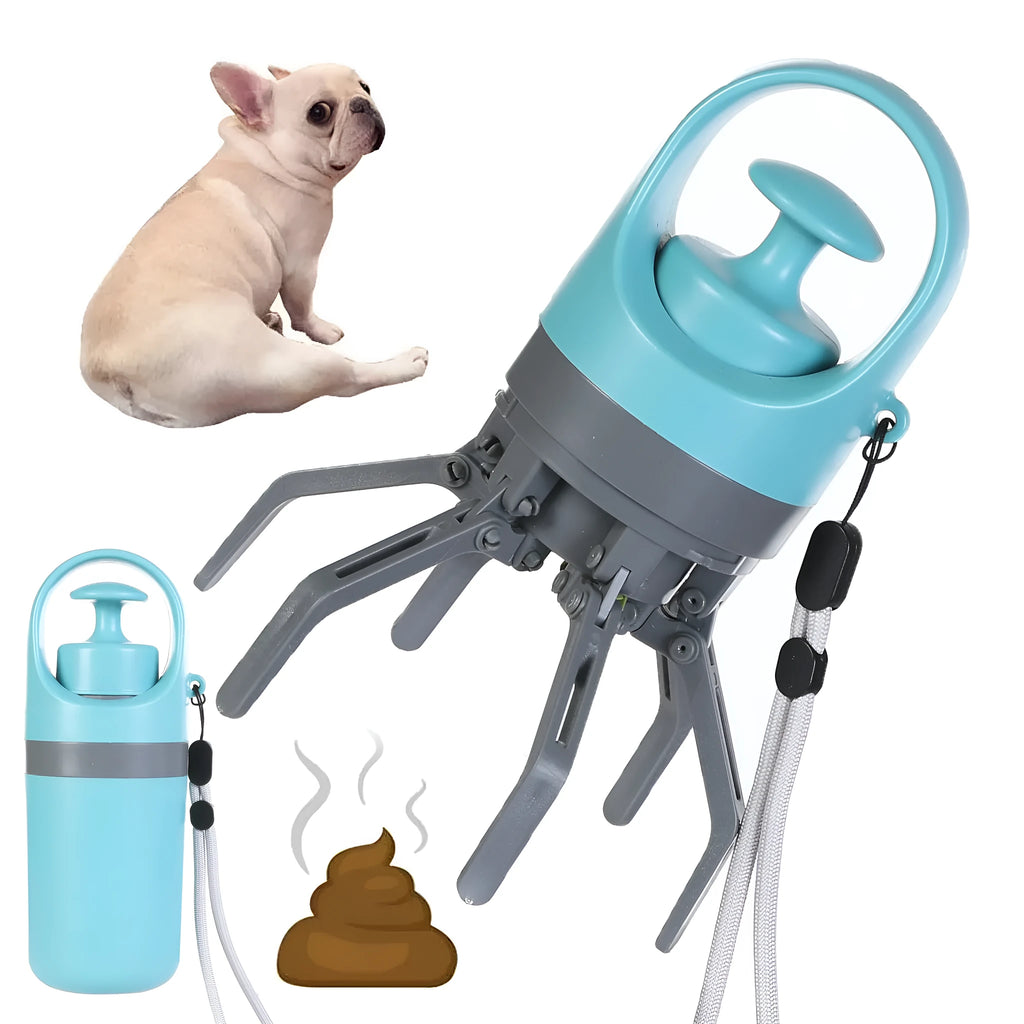 Blue portable dog pooper scooper with eight-claw shovel and built-in bag dispenser