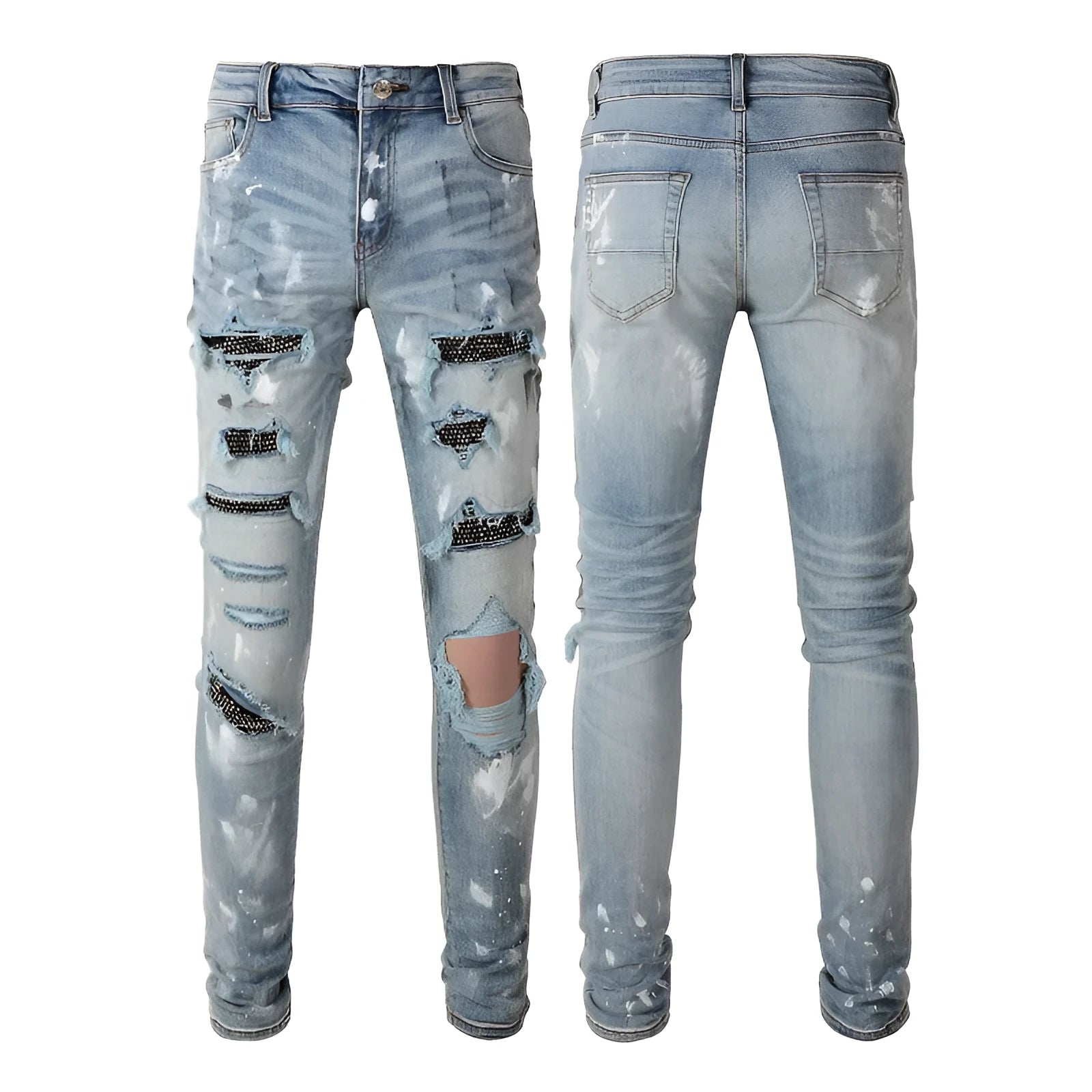Men's stretch retro ripped diamond jeans in blue denim with diamond detailing