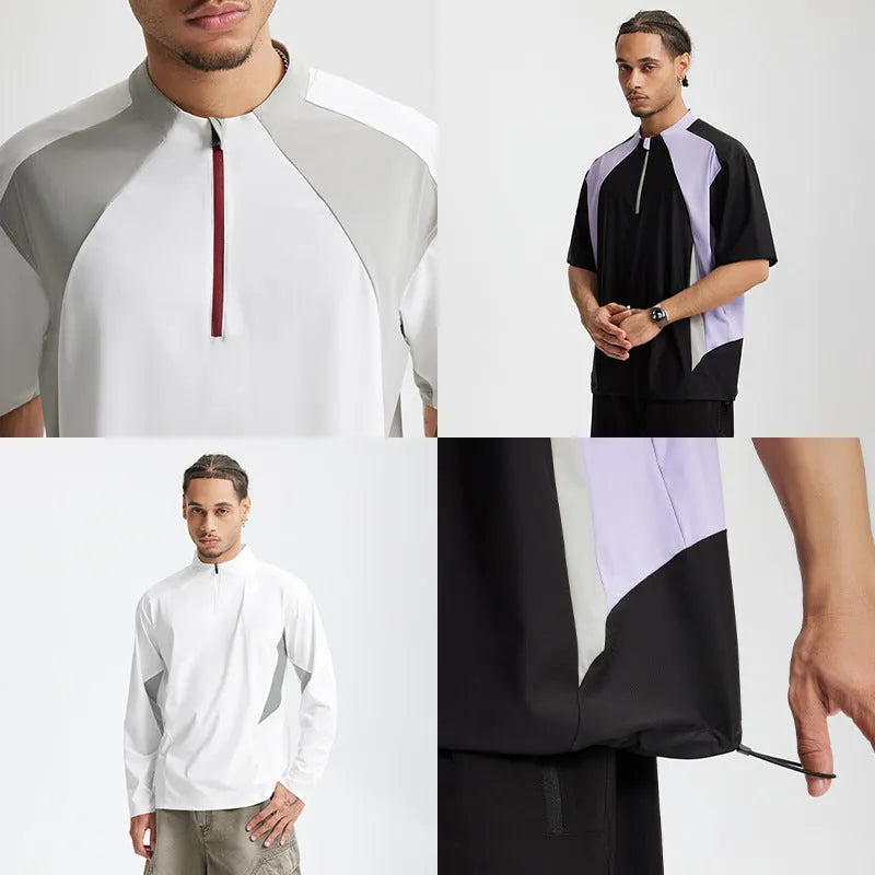 Men's solid colour polyester top with stitching detail, shown in black and beige with long and short sleeve options.