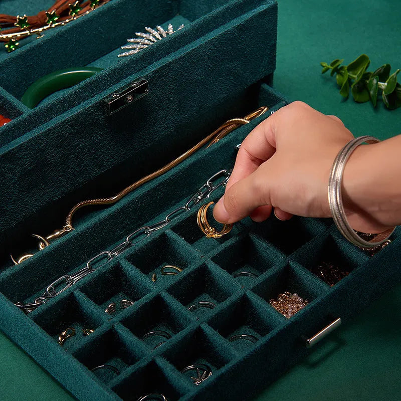 Large capacity multi-layer drawer jewellery storage box in wood, 26cm, Korean style, green colour option.