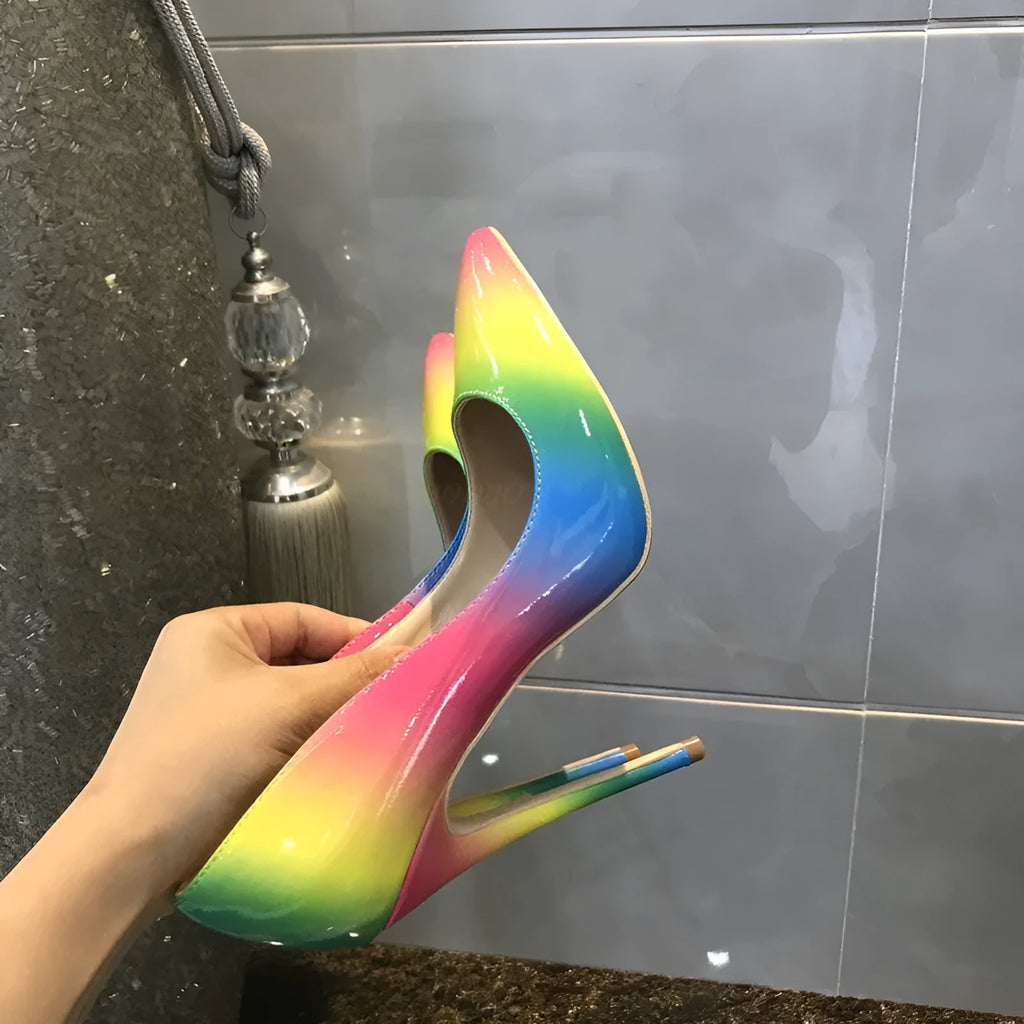 Rainbow patent leather women's high heel shoes with pointed toe and thin heel.