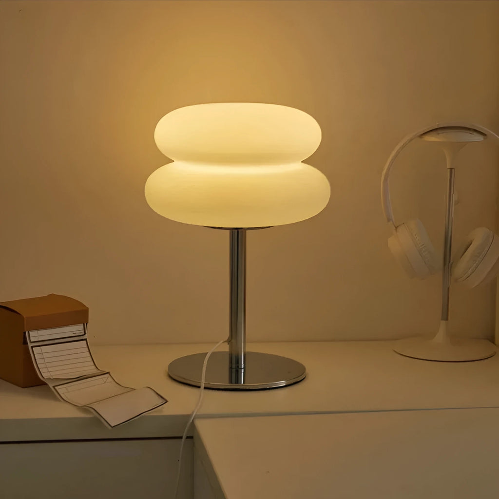 Desktop small table lamp with glass lampshade and USB plug-in tri-colour lighting on a wooden desk