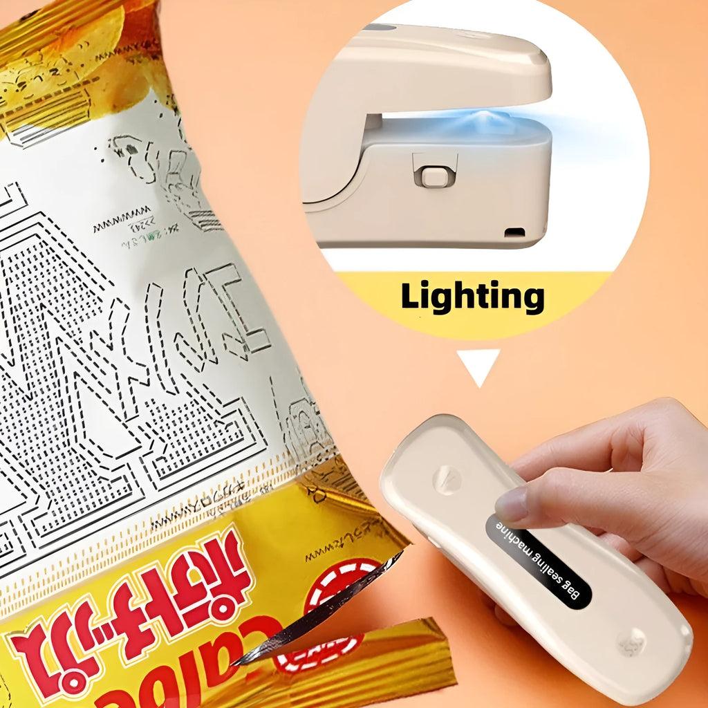 Small USB rechargeable sealing machine in milky white colour with magnetic storage patches