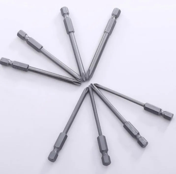 Set of eight long silver magnetic Phillips screwdriver bits with hex shanks on a white background.