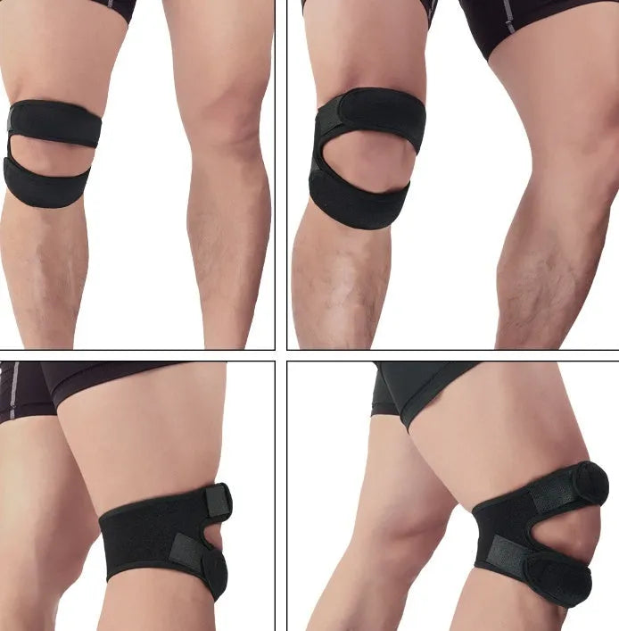 Patella knee support band with EVA shock pad, perforated rear knee, in black, grey, blue or pink