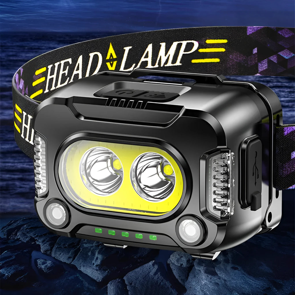 Black COB strong light headlamp with 200 metre beam for night running and fishing