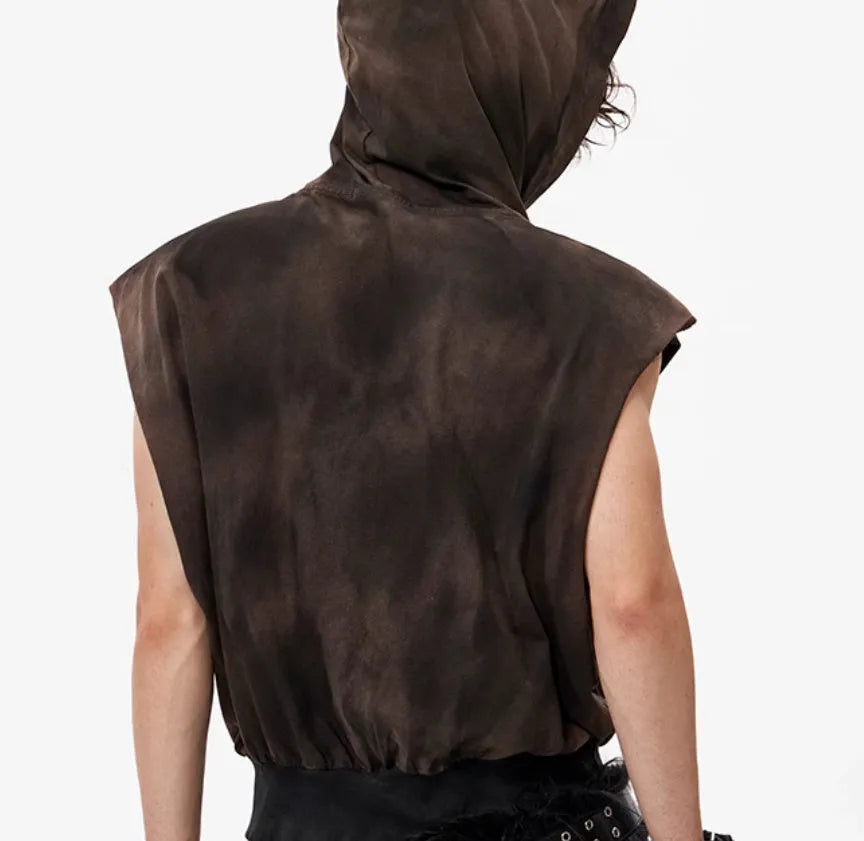 Khaki coloured cotton short hood vest for teenagers on a size chart background.