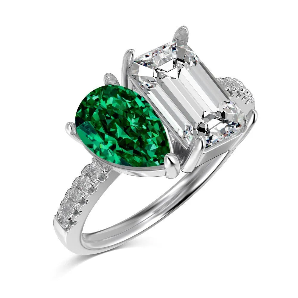 S925 sterling silver double main stone ring for women, geometric shape, sizes 6 to 9