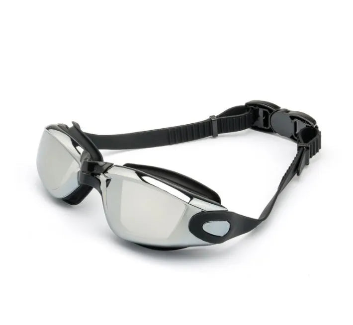 Swimming goggles with HD plating polycarbonate anti-fog lens and silicone seal in black