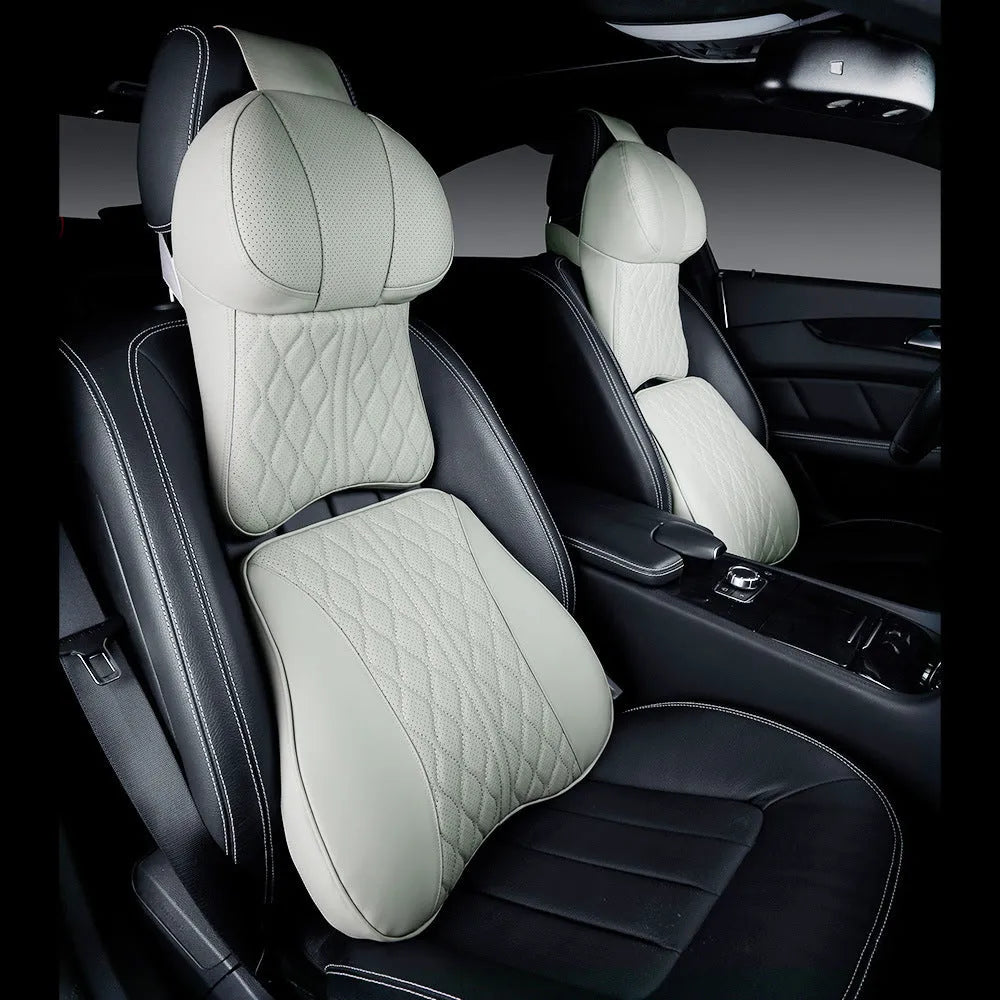Car neck pillow and lumbar support cushion set with wavy pattern embroidery in leather-look polyester