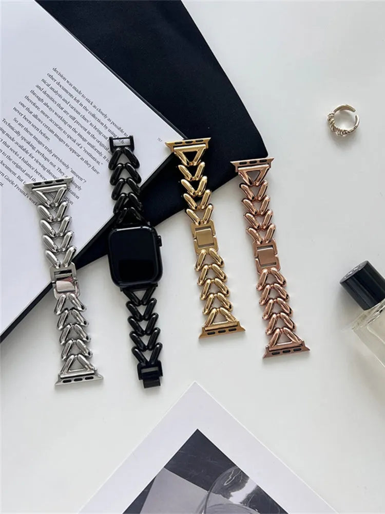 Single row V chain metal watch band for Apple Watch 1 to 8 in silver, black, gold, rose gold or starlight, 22mm to 49mm