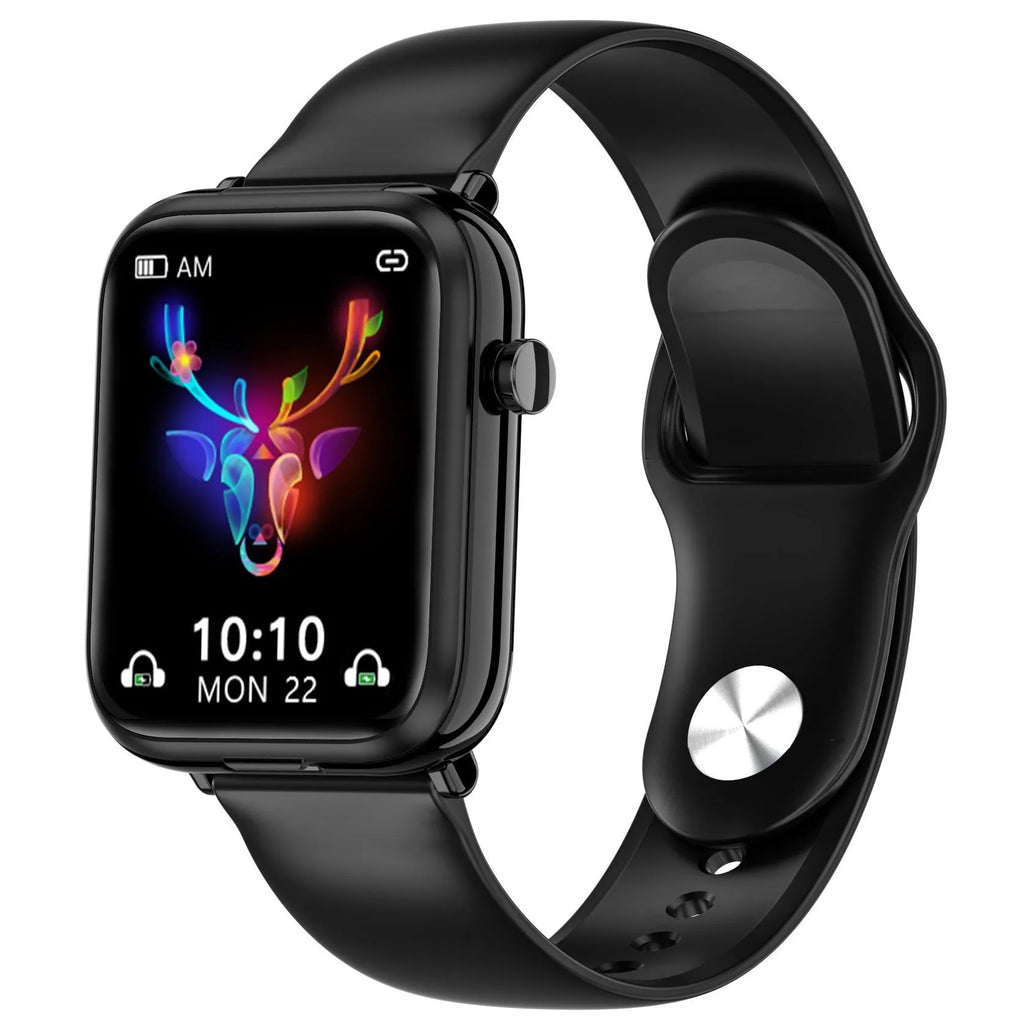 Black smartwatch with touch screen and zinc alloy body, shown with its magnetic charging case and USB cable.