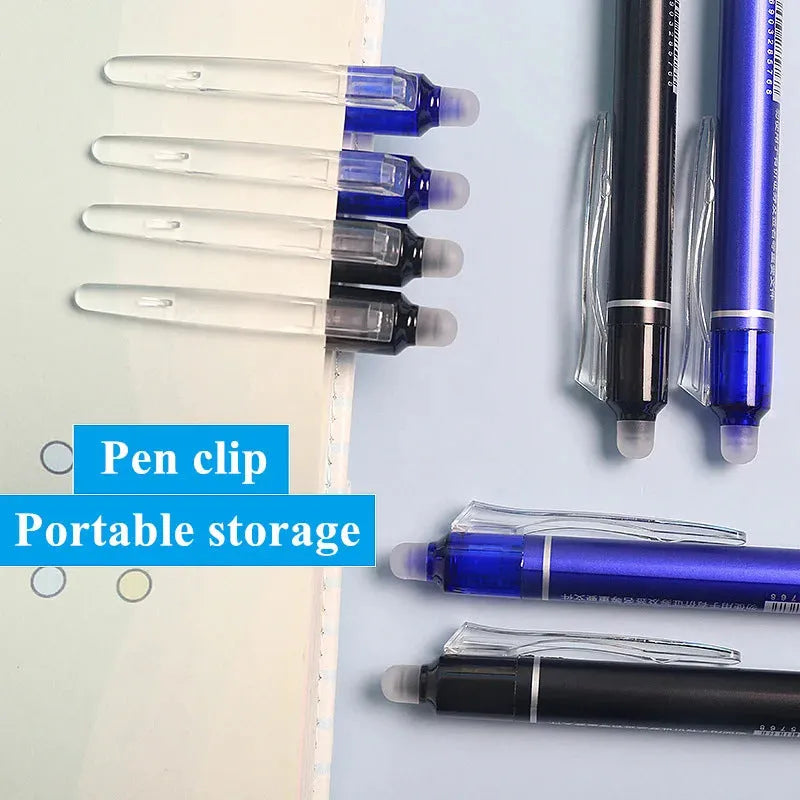 Hot Erasable Push Gel Pen with 0.5mm tip in plastic casing, shown with blue and black ink options.