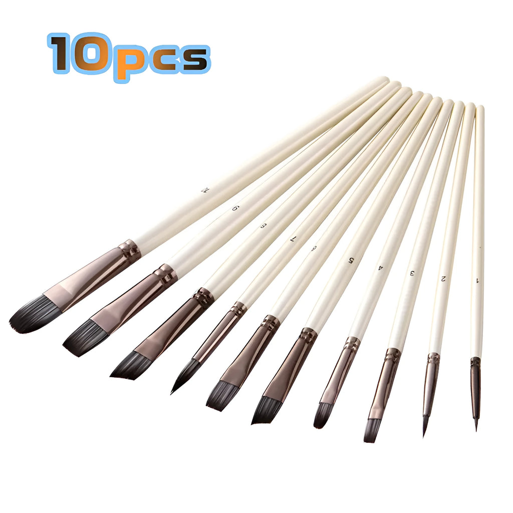 10 pearl white nylon oil painting brushes with wooden handles in PVC bag