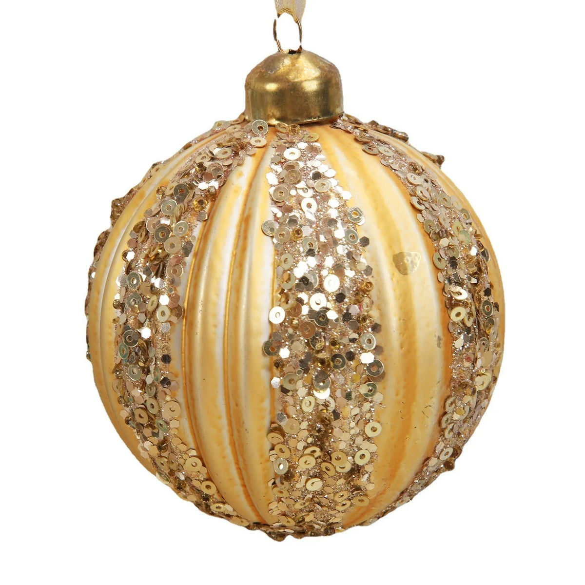 Green and yellow flocked stripes on a 80mm blown glass Christmas ball decoration with mosaic surface