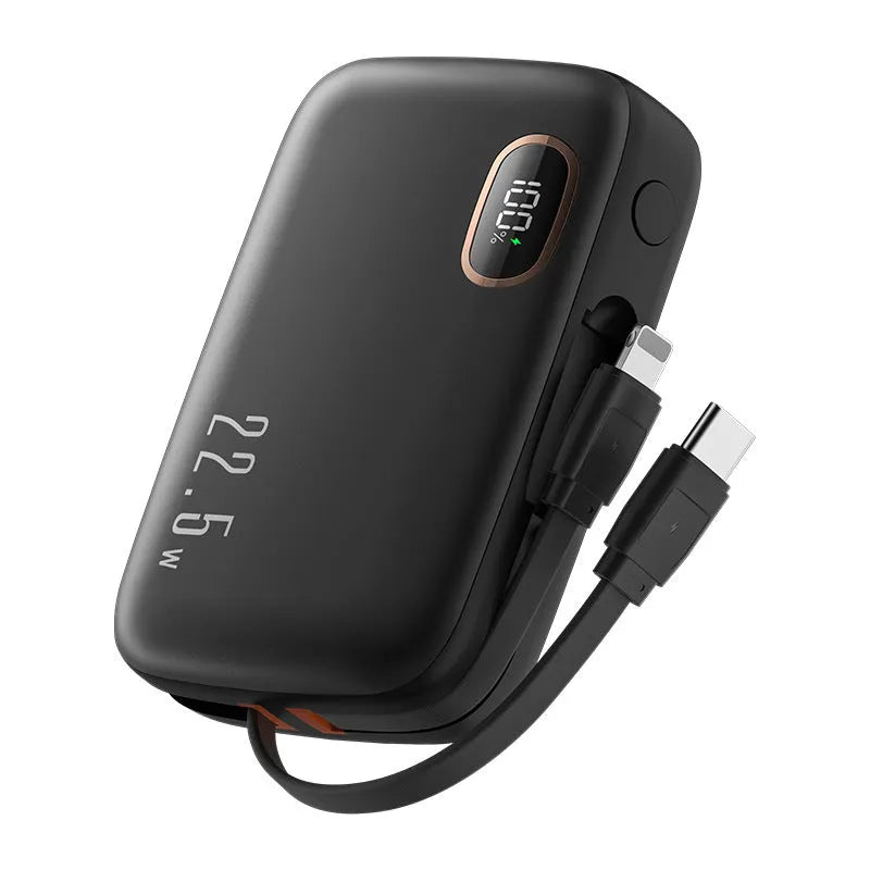 PD22.5W fast charging power bank with digital display, 10000mAh, black plastic shell, includes cable
