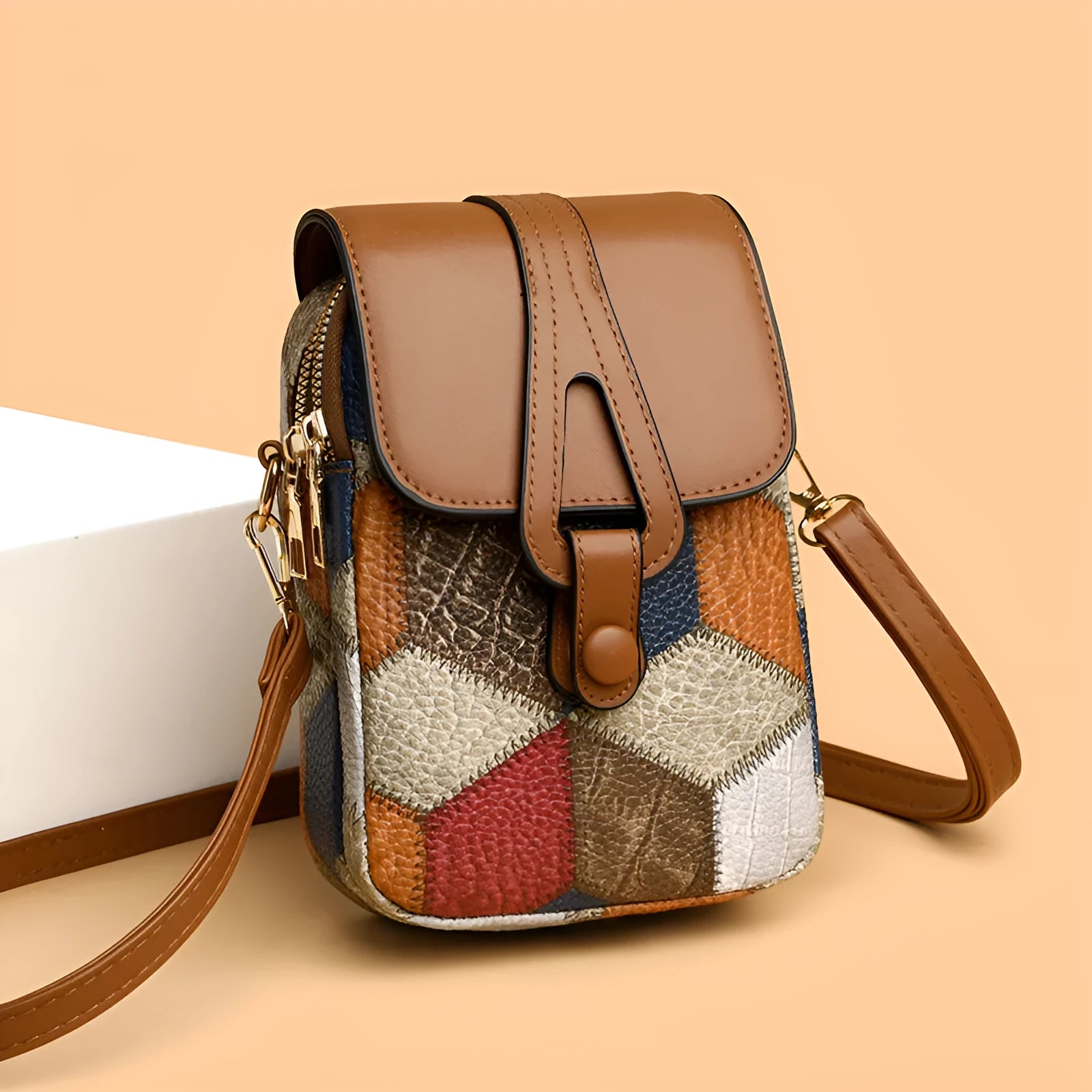 Urban Simplicity horizontal square PU leather crossbody pouch in irregular blue brown with single shoulder strap