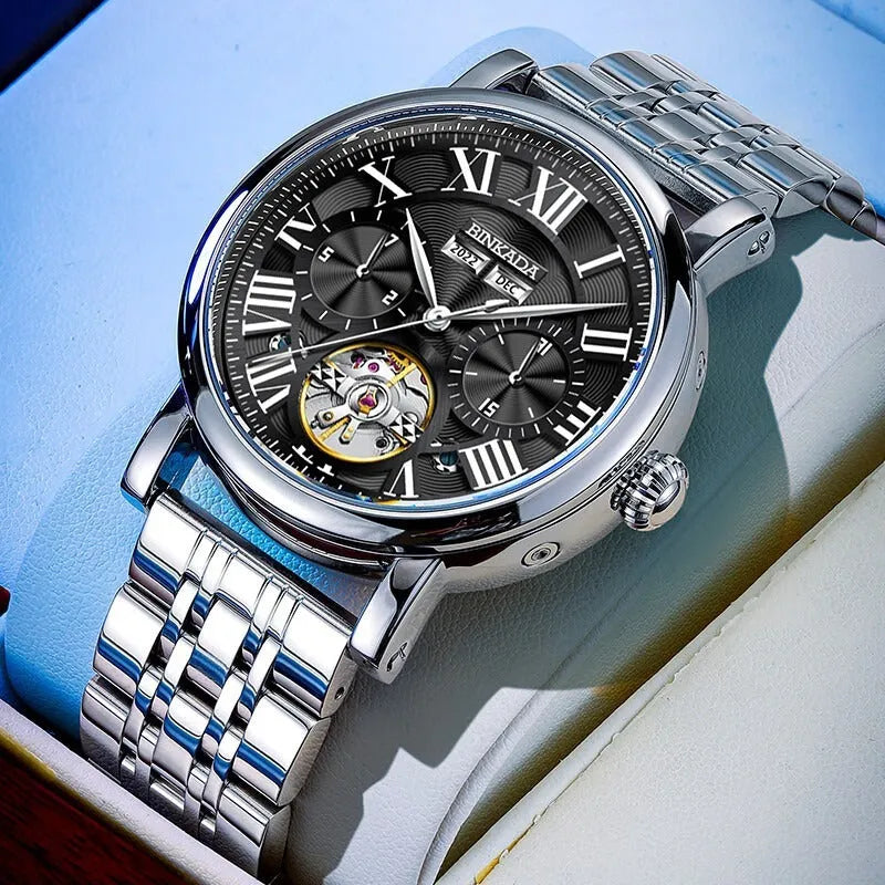 Men's automatic mechanical watch with steel bracelet and waterproof construction