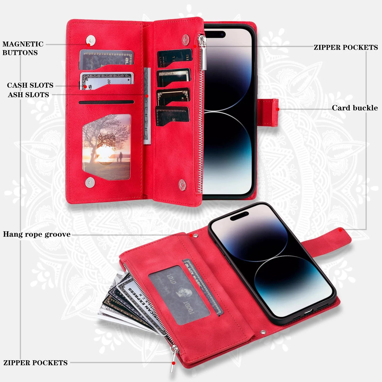 Multi-card embossed totem leather PU zipper phone case for iPhone with card holder in black