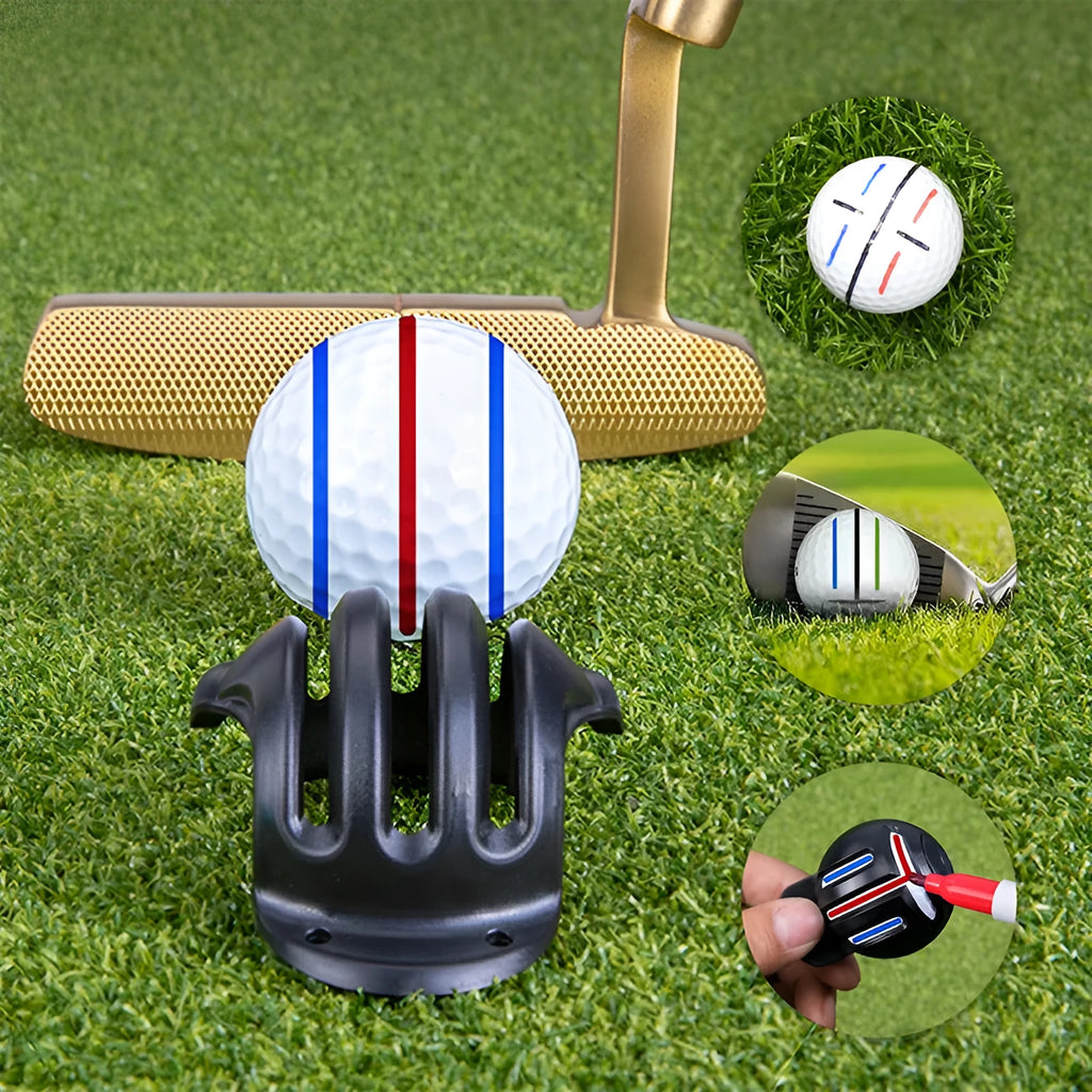 Plastic golf putting alignment tool with scriber bases and blue drawing pens on a practice putting mat.