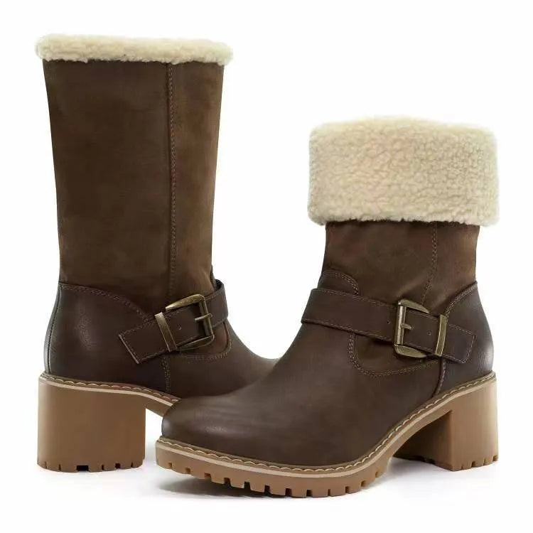 Women's fashion boots with buckle chunky heel round toe faux fur lined Western style in black coffee and light brown