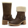 Women's fashion boots with buckle chunky heel round toe faux fur lined Western style in black coffee and light brown