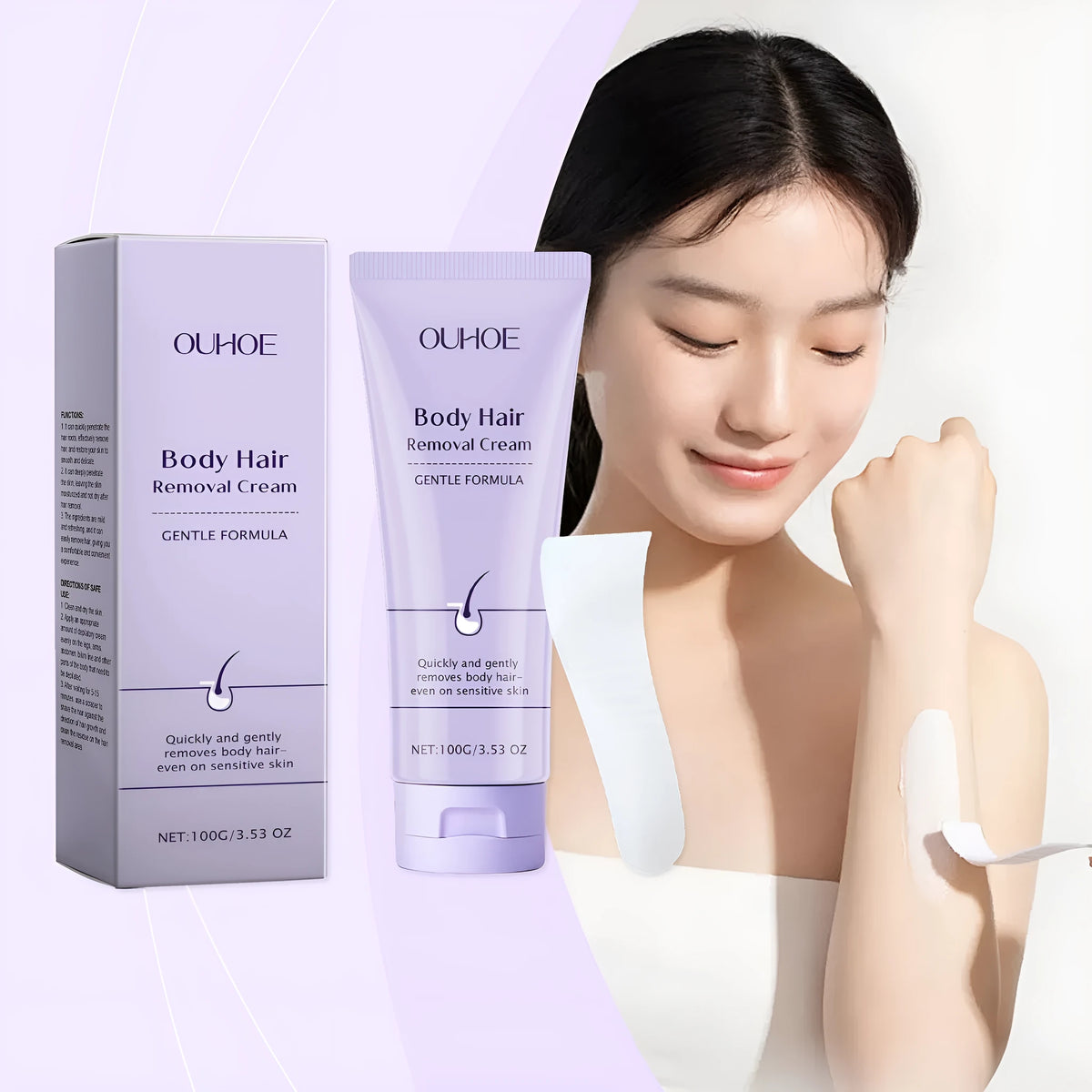Ouhoe Gentle Body Depilatory Cream 100g tube for body hair removal with scraper included in the pack