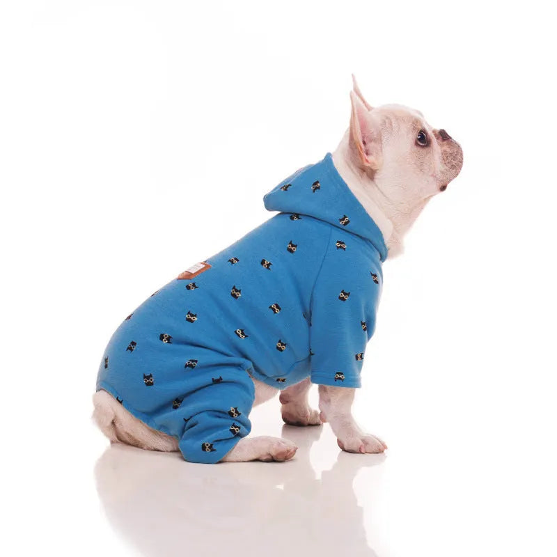 Blue velvet pet hoodie for dogs, available in sizes XS to XXXL with chest and back measurements