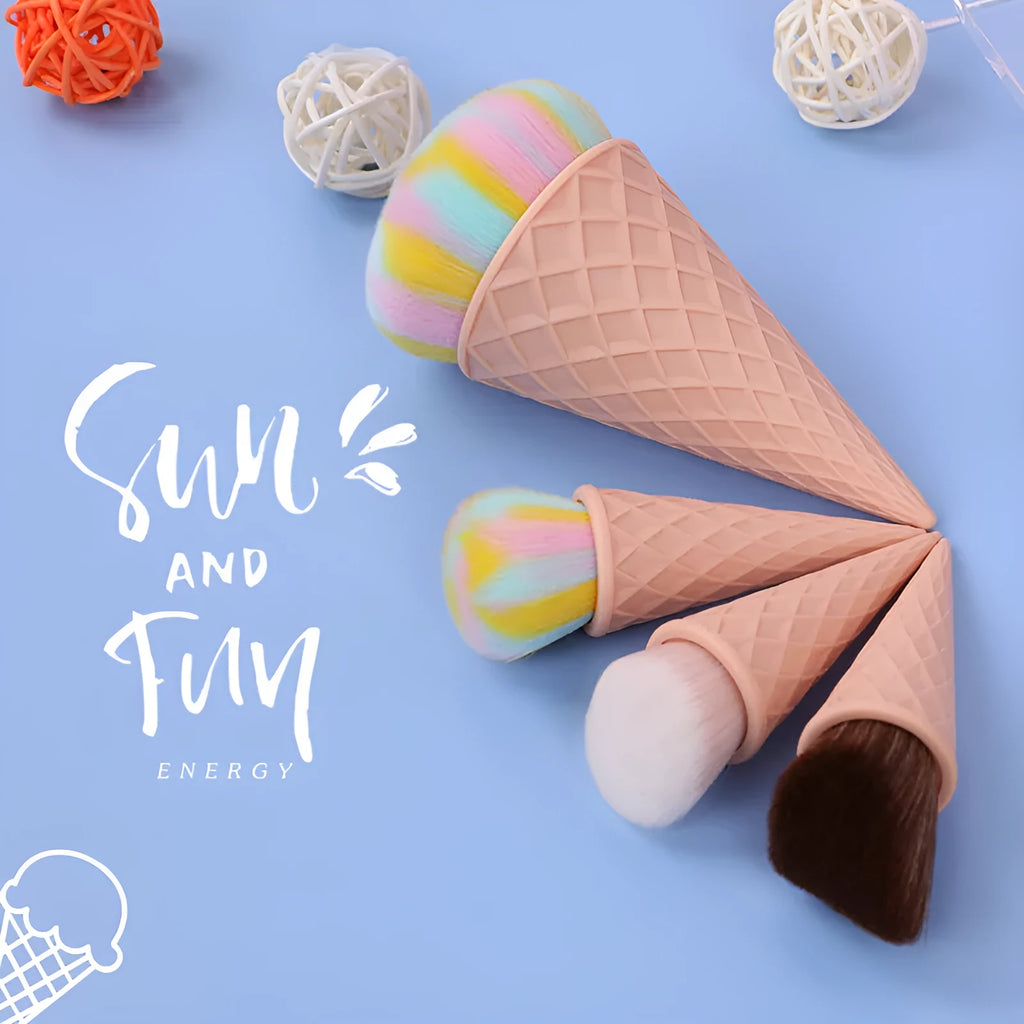Set of 4 ice cream themed makeup brushes with artificial fibre bristles and plastic handles in paper box