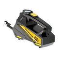 Black portable 12V tyre inflator with digital display and power cable on a garage floor