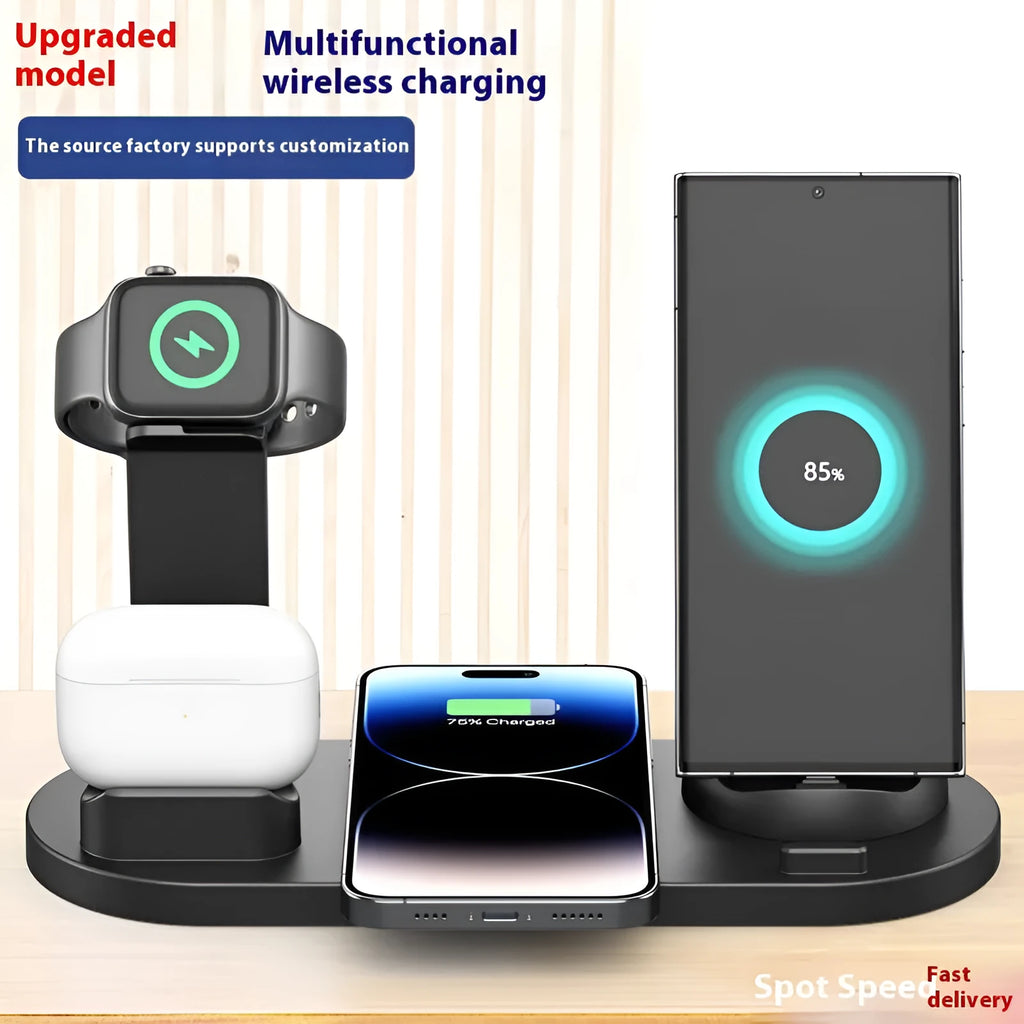 Universal 15W fast wireless charging stand holding a mobile phone upright on a desk