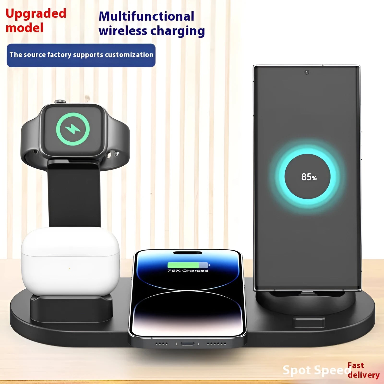 Universal 15W fast wireless charging stand holding a mobile phone upright on a desk