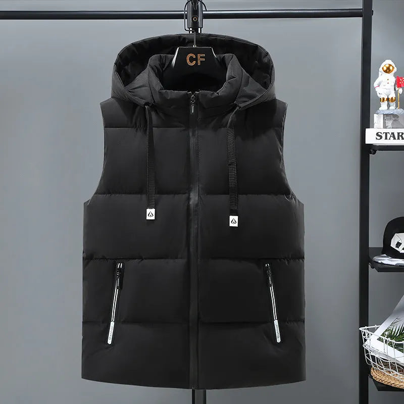Men's thick winter vest in black or blue with straight hem design and polyester fleece lining