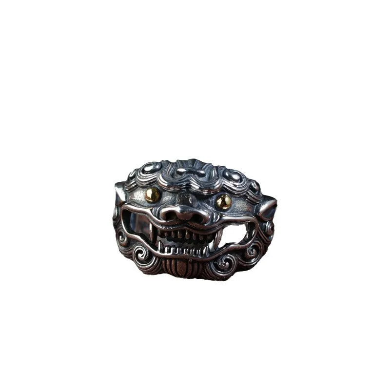 Silver open ring with detailed Jibeast pattern zodiac animal design and retro styling